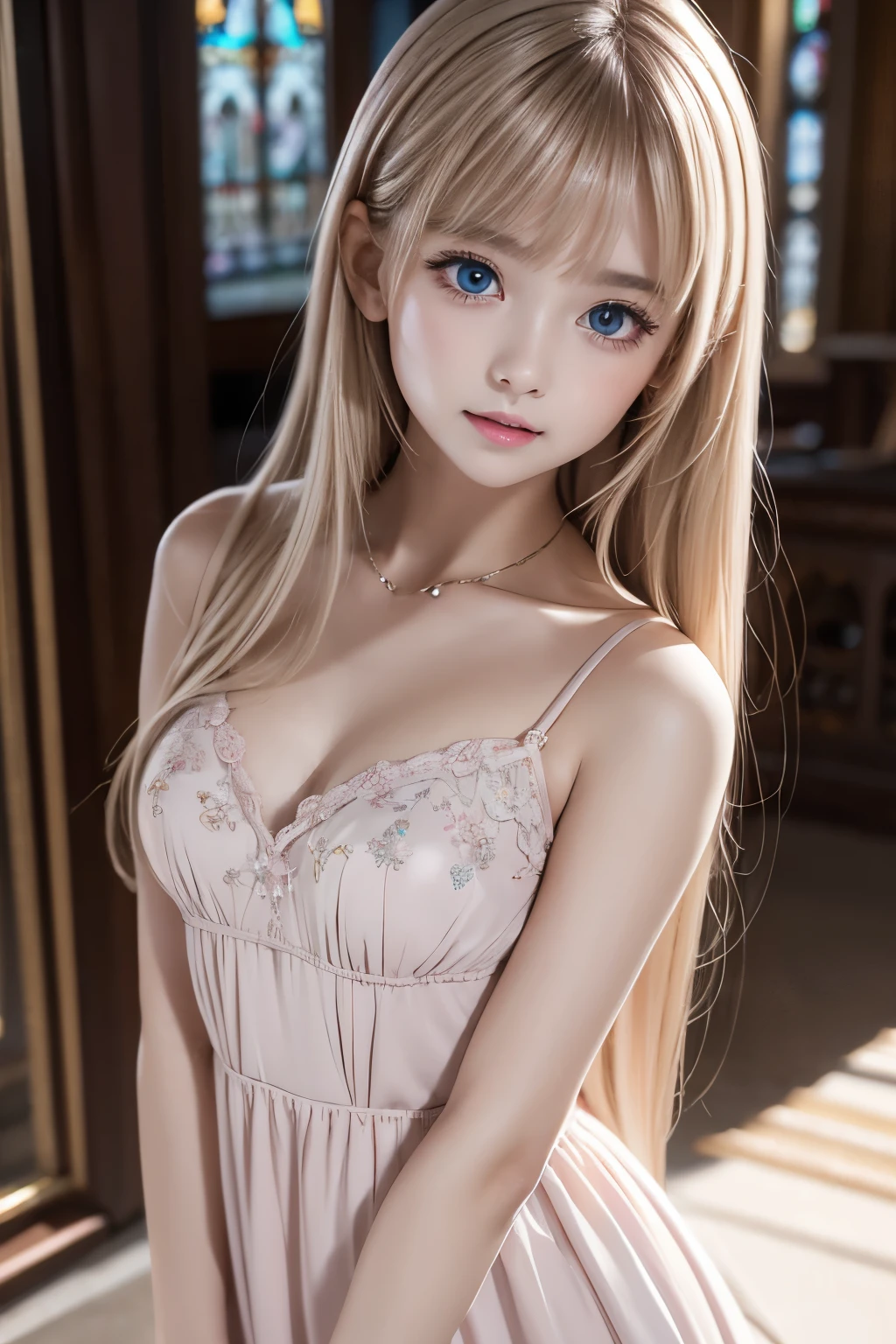  1 ****** ballerina girl , ( very detailed CG Unity 8k wallpaper ),  World's Most Beautiful Artwork , Wearing a pink leotard幼い女の子, , Light blonde, Slim and young body,  white skin, Clothes with exposed shoulders, A young girl with a beautiful face, Wearing a pink leotard, Shining,  surrounded by large mirrors , big mirror background , Fantastic Background,  watching viewers ,  fantasy in a starry sky,  cinematic lighting 