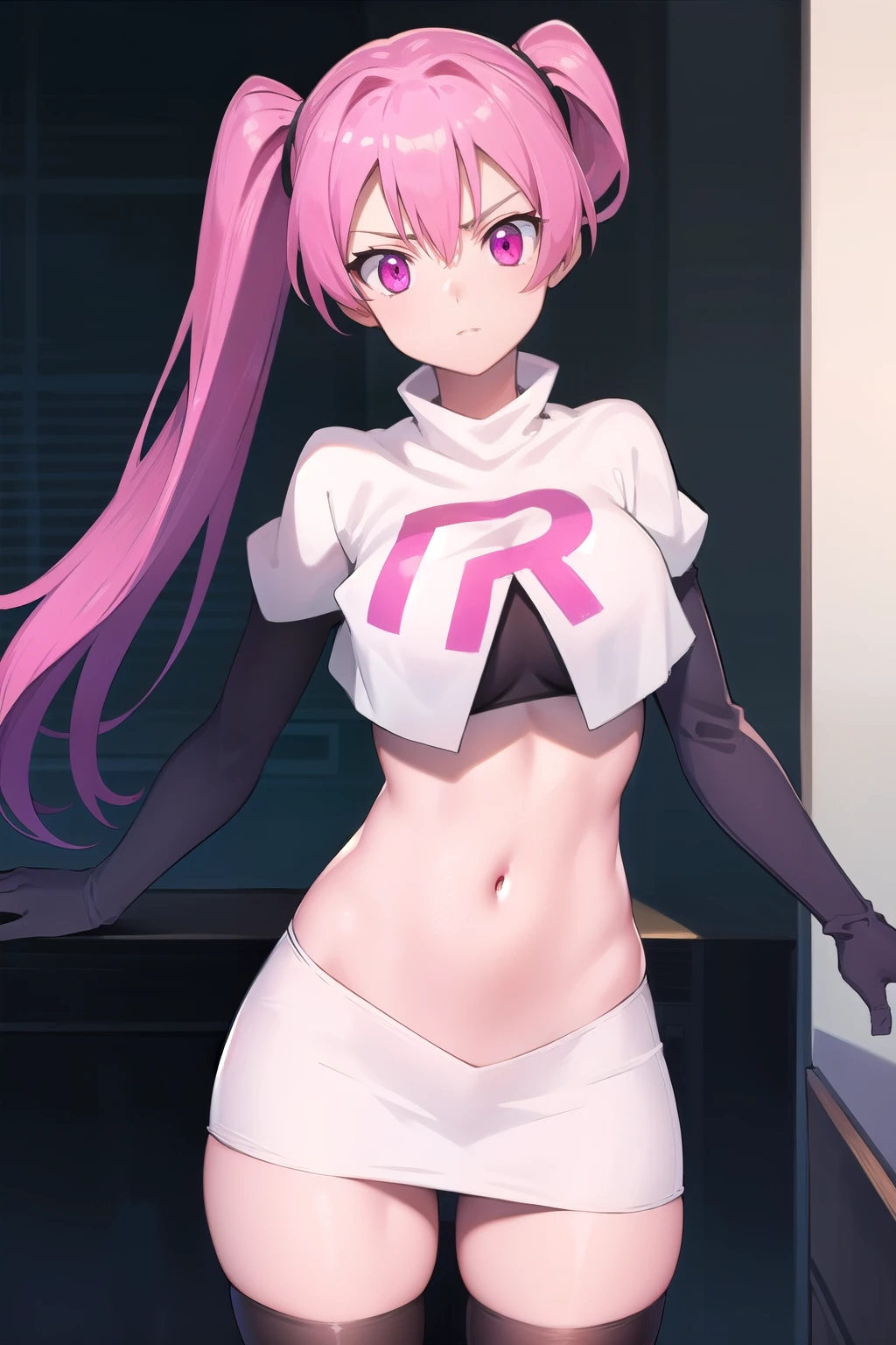 agkmine, mine, long hair, twintails, pink hair, (pink eyes:1.3),
BREAK team rocket,team rocket uniform,white skirt,red letter R,crop top,black thigh-highs,black elbow gloves,
BREAK looking at viewer, cowboy shot,
BREAK (masterpiece:1.2), best quality, high resolution, unity 8k wallpaper, (illustration:0.8), (beautiful detailed eyes:1.6), extremely detailed face, perfect lighting, extremely detailed CG, (perfect hands, perfect anatomy),