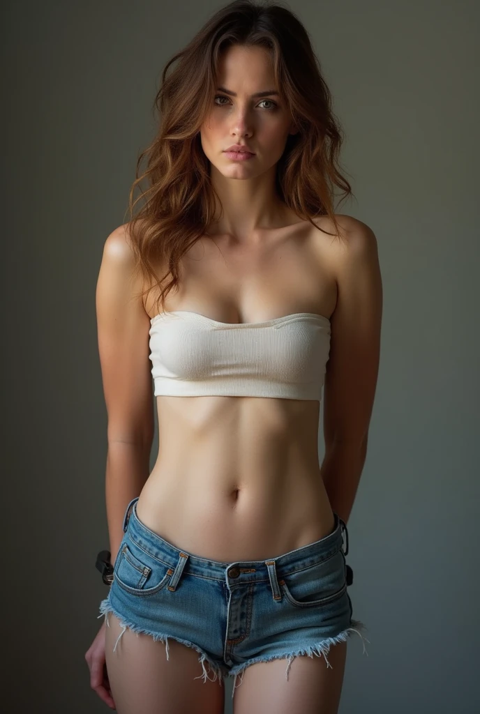 Sophia Lillis, muscular body , pale skin, long wavy hair, thick thighs, , seen from the side