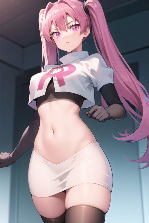 agkmine, mine, long hair, twintails, pink hair, (pink eyes:1.3),
BREAK team rocket,team rocket uniform,white skirt,red letter R,crop top,black thigh-highs,black elbow gloves,
BREAK looking at viewer, cowboy shot,
BREAK (masterpiece:1.2), best quality, high resolution, unity 8k wallpaper, (illustration:0.8), (beautiful detailed eyes:1.6), extremely detailed face, perfect lighting, extremely detailed CG, (perfect hands, perfect anatomy),