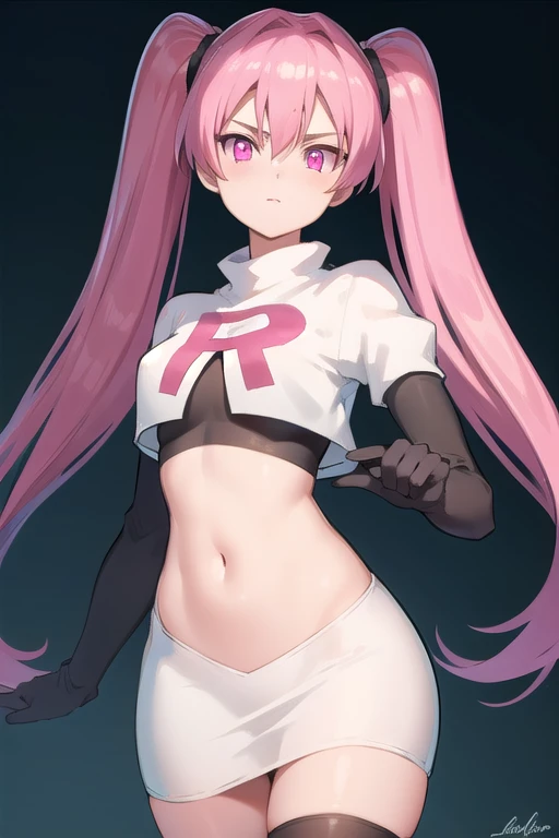 agkmine, mine, long hair, twintails, pink hair, (pink eyes:1.3),
BREAK team rocket,team rocket uniform,white skirt,red letter R,crop top,black thigh-highs,black elbow gloves,
BREAK looking at viewer, cowboy shot,
BREAK (masterpiece:1.2), best quality, high resolution, unity 8k wallpaper, (illustration:0.8), (beautiful detailed eyes:1.6), extremely detailed face, perfect lighting, extremely detailed CG, (perfect hands, perfect anatomy),