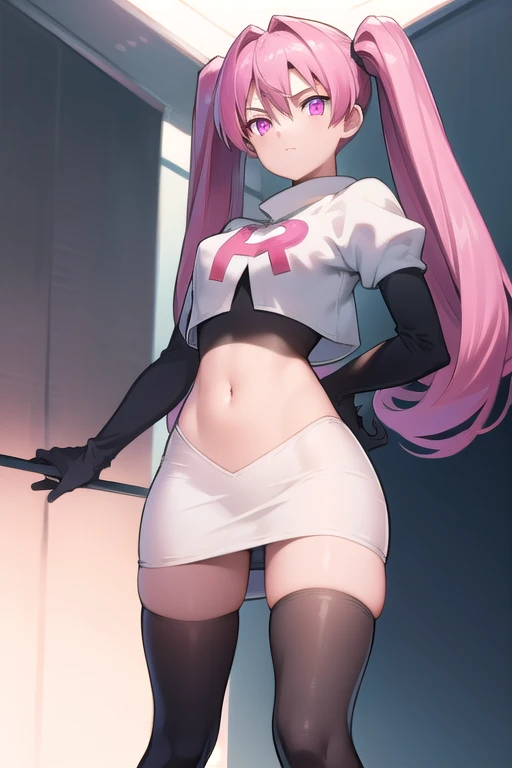 agkmine, mine, long hair, twintails, pink hair, (pink eyes:1.3),
BREAK team rocket,team rocket uniform,white skirt,red letter R,crop top,black thigh-highs,black elbow gloves,
BREAK looking at viewer, cowboy shot,
BREAK (masterpiece:1.2), best quality, high resolution, unity 8k wallpaper, (illustration:0.8), (beautiful detailed eyes:1.6), extremely detailed face, perfect lighting, extremely detailed CG, (perfect hands, perfect anatomy),