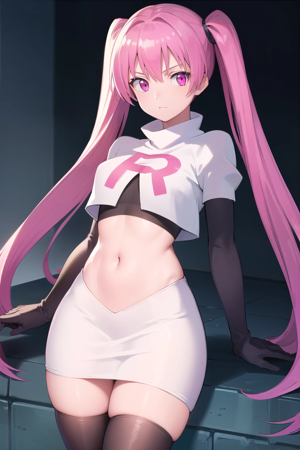 agkmine, mine, long hair, twintails, pink hair, (pink eyes:1.3),
BREAK team rocket,team rocket uniform,white skirt,red letter R,crop top,black thigh-highs,black elbow gloves,
BREAK looking at viewer, cowboy shot,
BREAK (masterpiece:1.2), best quality, high resolution, unity 8k wallpaper, (illustration:0.8), (beautiful detailed eyes:1.6), extremely detailed face, perfect lighting, extremely detailed CG, (perfect hands, perfect anatomy),