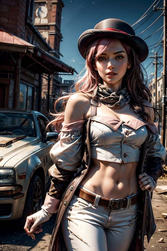 pink and brown hair, multicolored hair, neopolitanatlas, bowler hat, grey scarf, white gloves, white shirt, off-shoulder shirt, black sleeves, midriff, white belt, white pants, outdoors, post apocalyptic scene, future urban, cityscape, debris, bonfire, wrecked vehicle, standing near ruined church, crowd, night, stars, cowboy shot, masterpiece, heart shaped face, elegant face, beautiful face, highly detailed cafe, face, highly detailed skin, skin pores, subsurface scattering, realistic pupils, looking at viewer, full lips, detailed background, depth of field, atmospheric perspective, volumetric lighting, sharp focus, absurdres, realistic proportions, good anatomy, (realistic, hyperrealistic:1.4), 16k hdr,