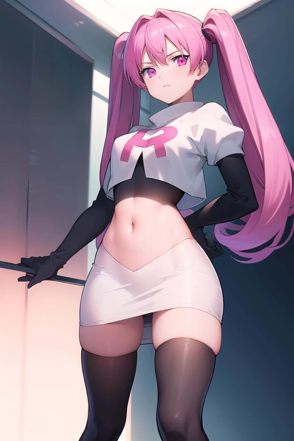 agkmine, mine, long hair, twintails, pink hair, (pink eyes:1.3),
BREAK team rocket,team rocket uniform,white skirt,red letter R,crop top,black thigh-highs,black elbow gloves,
BREAK looking at viewer, cowboy shot,
BREAK (masterpiece:1.2), best quality, high resolution, unity 8k wallpaper, (illustration:0.8), (beautiful detailed eyes:1.6), extremely detailed face, perfect lighting, extremely detailed CG, (perfect hands, perfect anatomy),