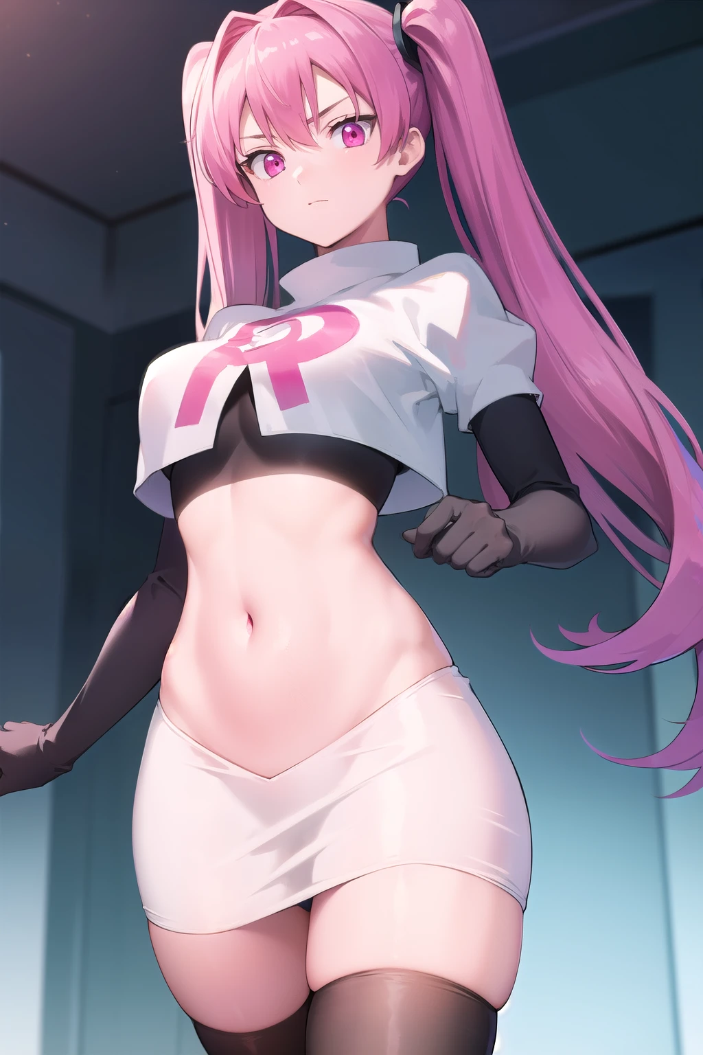 agkmine, mine, long hair, twintails, pink hair, (pink eyes:1.3),
BREAK team rocket,team rocket uniform,white skirt,red letter R,crop top,black thigh-highs,black elbow gloves,
BREAK looking at viewer, cowboy shot,
BREAK (masterpiece:1.2), best quality, high resolution, unity 8k wallpaper, (illustration:0.8), (beautiful detailed eyes:1.6), extremely detailed face, perfect lighting, extremely detailed CG, (perfect hands, perfect anatomy),