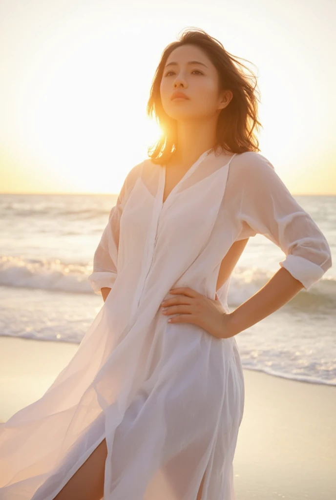  I look up at a woman in a white dress, beach, Seaside,  natural light,  that can be seen thoroughly , Wave particles are scattered 、 Wet Dress , sexy