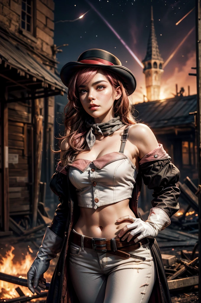 pink and brown hair, multicolored hair, neopolitanatlas, bowler hat, grey scarf, white gloves, white shirt, off-shoulder shirt, black sleeves, midriff, white belt, white pants, outdoors, post apocalyptic scene, future urban, cityscape, debris, bonfire, wrecked vehicle, standing near ruined church, crowd, ((night, stars)), cowboy shot, masterpiece, heart shaped face, elegant face, beautiful face, highly detailed cafe, face, highly detailed skin, skin pores, subsurface scattering, realistic pupils, looking at viewer, full lips, detailed background, depth of field, atmospheric perspective, volumetric lighting, sharp focus, absurdres, realistic proportions, good anatomy, (realistic, hyperrealistic:1.4), 16k hdr,