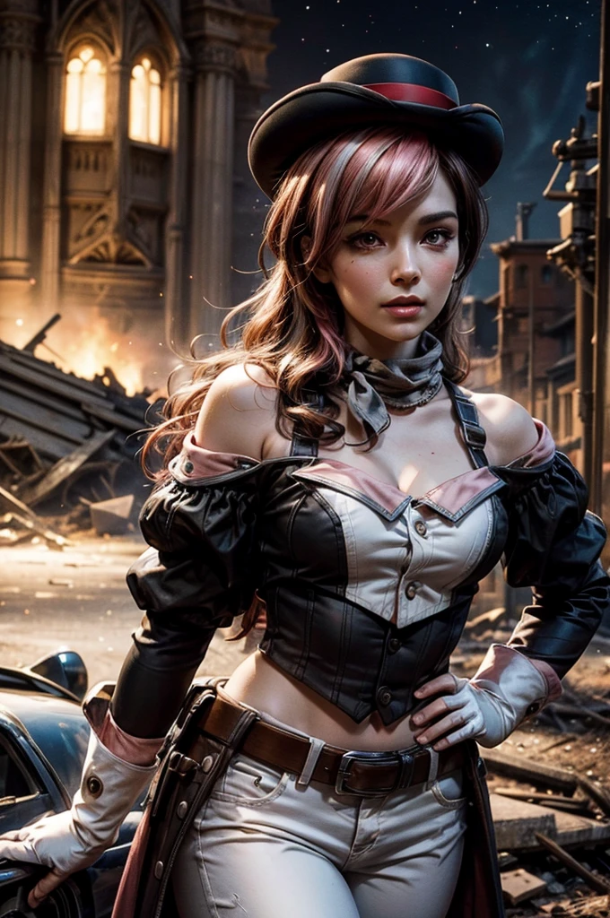 Award-winning shot of a cute steampunk Miley Cyrus wearing a stylish steampunk outfit in a New York street, victorian Age dressing, (red and white striped women's socks), intricated steampunk top hat, cinematic, natural light