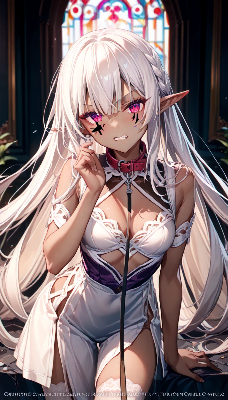 (masterpiece,   high quality  ,   Best quality  ,   official art ,   A beautiful and aesthetic  :1.2), ((dark elf)), ((  1girl)),   very detailed ,  BREAK,  , an incredibly detailed face , Eye details, blunt bangs,   white hair, ( to the hair between the eyes  ), eyelashes,   purple eyes  , eye shadow, pink eye shadow, (  dark skin  :1.2), stockings, Colorful, edge ,   collar, leash,  candid outfit , anger, clenched teeth