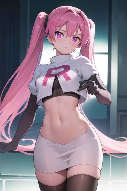 agkmine, mine, long hair, twintails, pink hair, (pink eyes:1.3),
BREAK team rocket,team rocket uniform,white skirt,red letter R,crop top,black thigh-highs,black elbow gloves,
BREAK looking at viewer, cowboy shot,
BREAK (masterpiece:1.2), best quality, high resolution, unity 8k wallpaper, (illustration:0.8), (beautiful detailed eyes:1.6), extremely detailed face, perfect lighting, extremely detailed CG, (perfect hands, perfect anatomy),