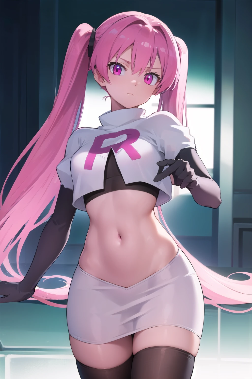 agkmine, mine, long hair, twintails, pink hair, (pink eyes:1.3),
BREAK team rocket,team rocket uniform,white skirt,red letter R,crop top,black thigh-highs,black elbow gloves,
BREAK looking at viewer, cowboy shot,
BREAK (masterpiece:1.2), best quality, high resolution, unity 8k wallpaper, (illustration:0.8), (beautiful detailed eyes:1.6), extremely detailed face, perfect lighting, extremely detailed CG, (perfect hands, perfect anatomy),