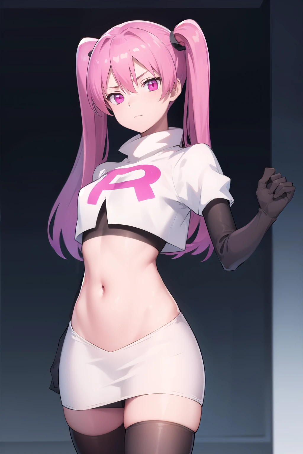 agkmine, mine, long hair, twintails, pink hair, (pink eyes:1.3),
BREAK team rocket,team rocket uniform,white skirt,red letter R,crop top,black thigh-highs,black elbow gloves,
BREAK looking at viewer, cowboy shot,
BREAK (masterpiece:1.2), best quality, high resolution, unity 8k wallpaper, (illustration:0.8), (beautiful detailed eyes:1.6), extremely detailed face, perfect lighting, extremely detailed CG, (perfect hands, perfect anatomy),