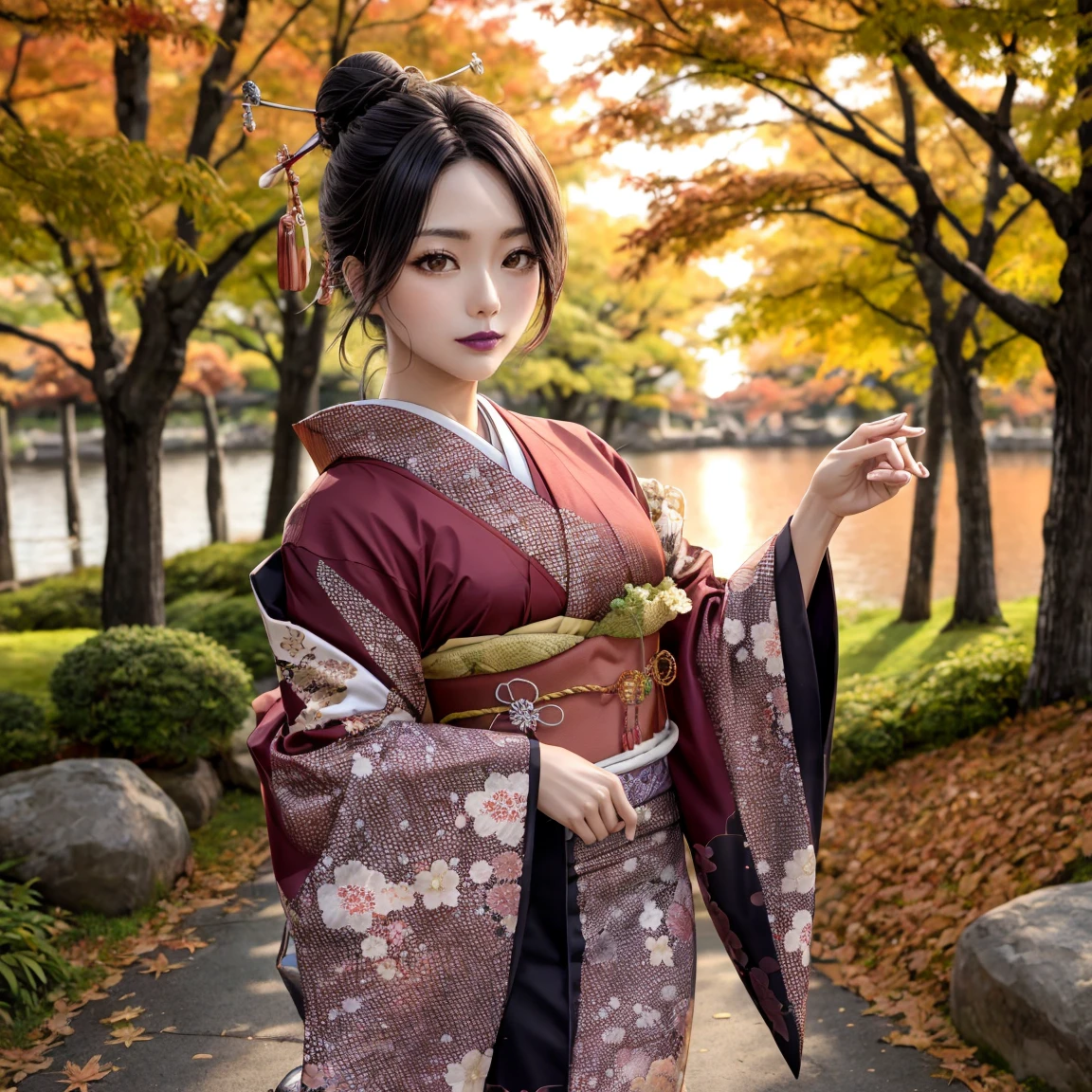 (masterpiece), ( best quality),  high definition ,  complex details, (lulu_ff10, red eyes,  jewelry, mole,  Purple Lipstick , Hair Bun,  fur trim), (edge JF _Clothing, wearing edge JF _kimono,  Autumn Scenery, の木と葉を使って Autumn Sceneryを),  pose,  chest hanging from behind ,  watch viewers, Use , sunset,  evening , Bokeh,  depth of writing, 超 high definition , 8k wallpaper 