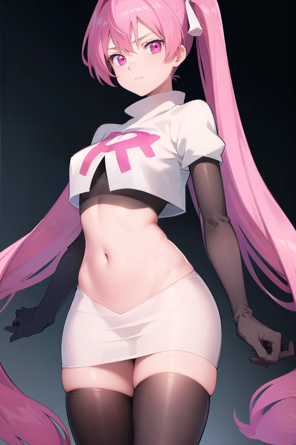 agkmine, mine, long hair, twintails, pink hair, (pink eyes:1.3),
BREAK team rocket,team rocket uniform,white skirt,red letter R,crop top,black thigh-highs,black elbow gloves,
BREAK looking at viewer, cowboy shot,
BREAK (masterpiece:1.2), best quality, high resolution, unity 8k wallpaper, (illustration:0.8), (beautiful detailed eyes:1.6), extremely detailed face, perfect lighting, extremely detailed CG, (perfect hands, perfect anatomy),