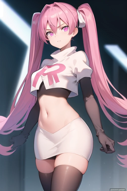 agkmine, mine, long hair, twintails, pink hair, (pink eyes:1.3),
BREAK team rocket,team rocket uniform,white skirt,red letter R,crop top,black thigh-highs,black elbow gloves,
BREAK looking at viewer, cowboy shot,
BREAK (masterpiece:1.2), best quality, high resolution, unity 8k wallpaper, (illustration:0.8), (beautiful detailed eyes:1.6), extremely detailed face, perfect lighting, extremely detailed CG, (perfect hands, perfect anatomy),