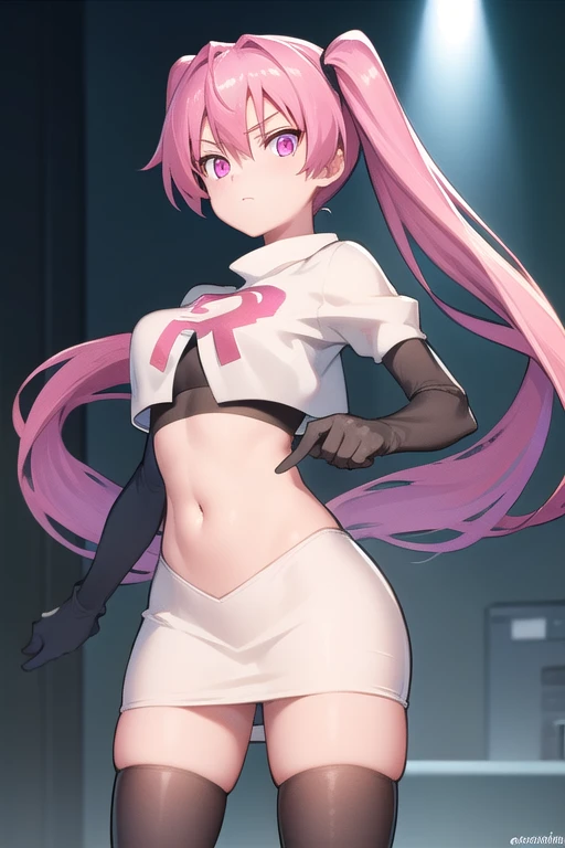 agkmine, mine, long hair, twintails, pink hair, (pink eyes:1.3),
BREAK team rocket,team rocket uniform,white skirt,red letter R,crop top,black thigh-highs,black elbow gloves,
BREAK looking at viewer, cowboy shot,
BREAK (masterpiece:1.2), best quality, high resolution, unity 8k wallpaper, (illustration:0.8), (beautiful detailed eyes:1.6), extremely detailed face, perfect lighting, extremely detailed CG, (perfect hands, perfect anatomy),