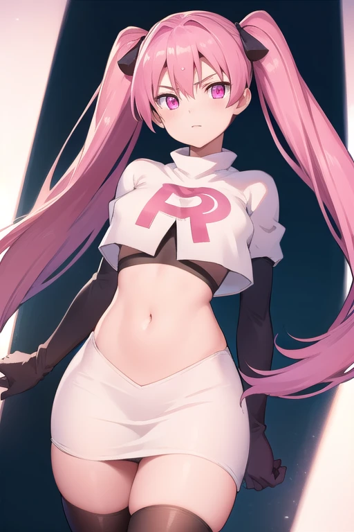 agkmine, mine, long hair, twintails, pink hair, (pink eyes:1.3),
BREAK team rocket,team rocket uniform,white skirt,red letter R,crop top,black thigh-highs,black elbow gloves,
BREAK looking at viewer, cowboy shot,
BREAK (masterpiece:1.2), best quality, high resolution, unity 8k wallpaper, (illustration:0.8), (beautiful detailed eyes:1.6), extremely detailed face, perfect lighting, extremely detailed CG, (perfect hands, perfect anatomy),