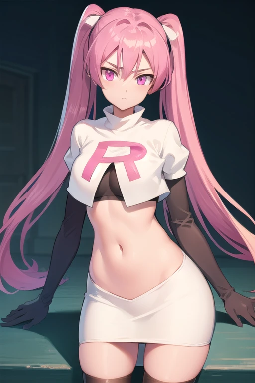 agkmine, mine, long hair, twintails, pink hair, (pink eyes:1.3),
BREAK team rocket,team rocket uniform,white skirt,red letter R,crop top,black thigh-highs,black elbow gloves,
BREAK looking at viewer, cowboy shot,
BREAK (masterpiece:1.2), best quality, high resolution, unity 8k wallpaper, (illustration:0.8), (beautiful detailed eyes:1.6), extremely detailed face, perfect lighting, extremely detailed CG, (perfect hands, perfect anatomy),