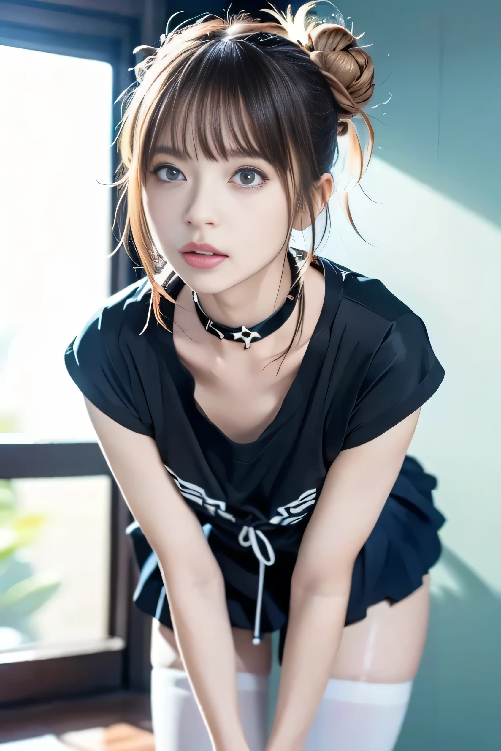 ( Highly Detailed CG Integrated 8k Wallpaper 、 High Resolution Raw Color Photo 、 professional photo shoot)、 bright office、Blue light、(1 Beautiful Girl:1.5)、Shooting from below、 random pose 、
( choker、 white t-shirt 、 extremely detailed face 、 beautiful thighs、 knee-high socks)、(Blue red silver white blond hair that shines beautifully:1.5、 hair ornament、 bun hair、Round small face、Sparkling Blue Eyes、Hanging eyes)、Fine Lines、( Toga Himiko)