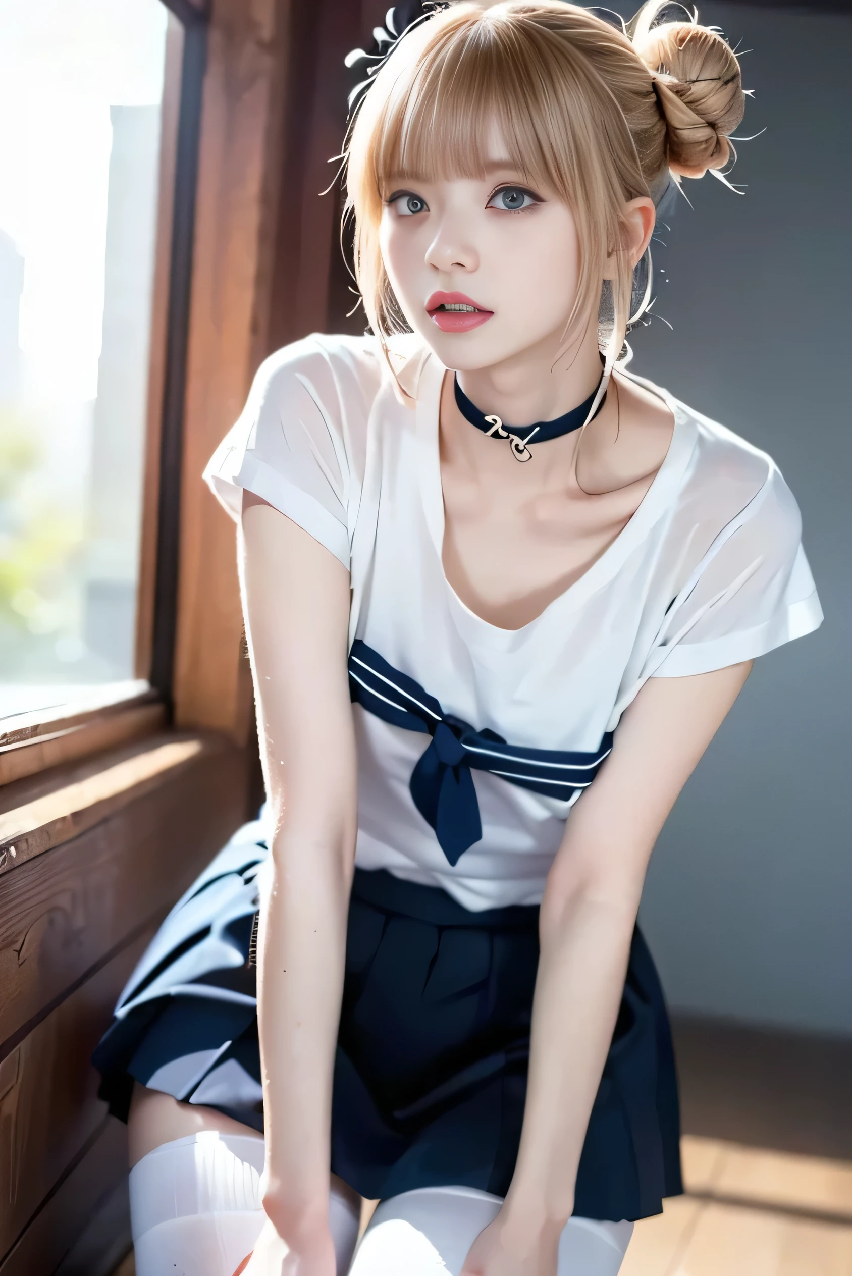 ( Highly Detailed CG Integrated 8k Wallpaper 、 High Resolution Raw Color Photo 、 professional photo shoot)、 bright office、Blue light、(1 Beautiful Girl:1.5)、Shooting from below、 random pose 、
( choker、 white t-shirt 、 extremely detailed face 、 beautiful thighs、 knee-high socks)、(Blue red silver white blond hair that shines beautifully:1.5、 hair ornament、 bun hair、Round small face、Sparkling Blue Eyes、Hanging eyes)、Fine Lines、( Toga Himiko)