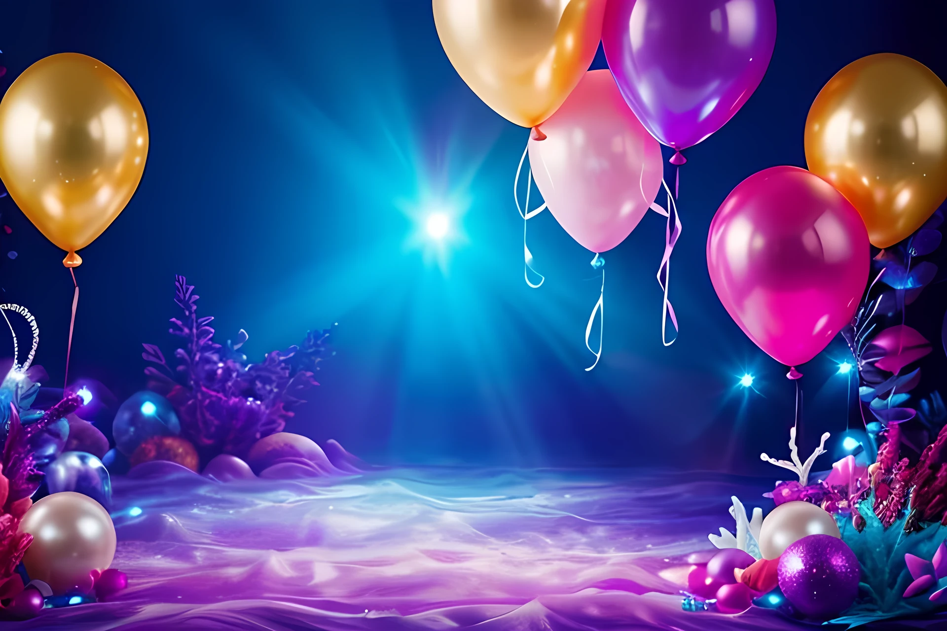 Little Mermaid style photo background with a purple chest and pearls, details from the Little Mermaid's world, balloons, volumetric, cinematic lighting, very high quality