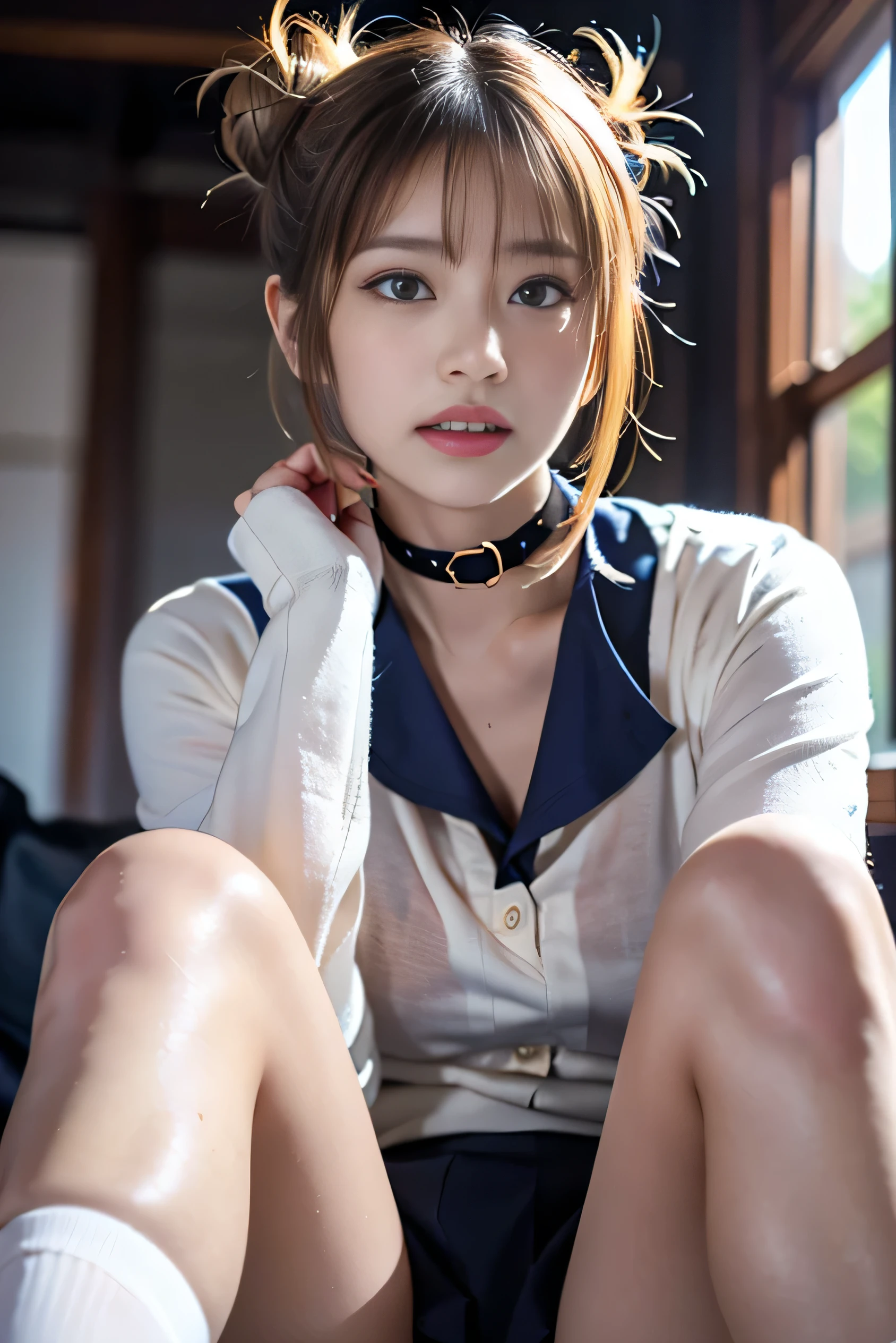 top-quality,ultra - detailed,tmasterpiece,hentail realism,photoreali,Bright lighting,1 girl in, an extremely beautiful 17-year-old girl, (kawaii:1.2),thin smile, (Brown eyes),(A brown-haired),(By bangs),perfect glossy shiny skins,Flawless skin,((erotick,Sexy and sexually explicit)),((Precise pointers,There is no incongruity)), Large full breasts,Big breasts Thin waist, looki at viewer,((a sailor suit)),((Short sleeve uniform white shirt)),(red necktie),(Blue mini pleated skirt),(((skirt lift by yourself))),(lifted by self),(showing panties),panties on,panty focus,((Sit up,spread their legs)), sockes, (Black Knee Socks),(Loafer shoes), In the daytime,On the train,Horizontal bench seat with your back to the window