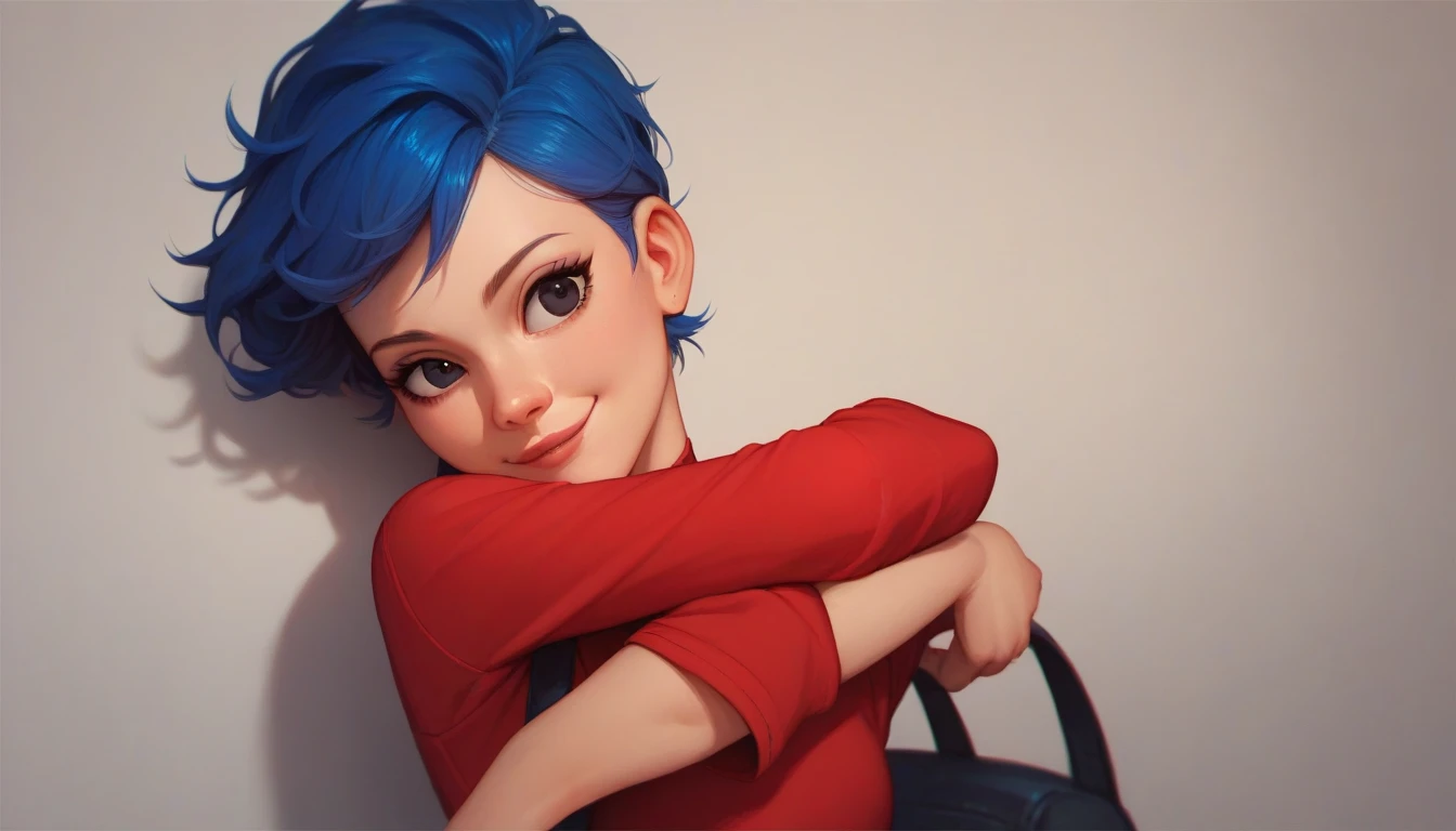 1girl, solo, Blake, blue hair, black eyes, red shirt, Hugging 