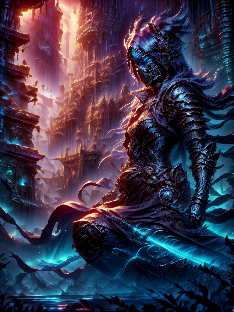 Female alchemist of the dark in mask with medieval ruins in the moonlight background