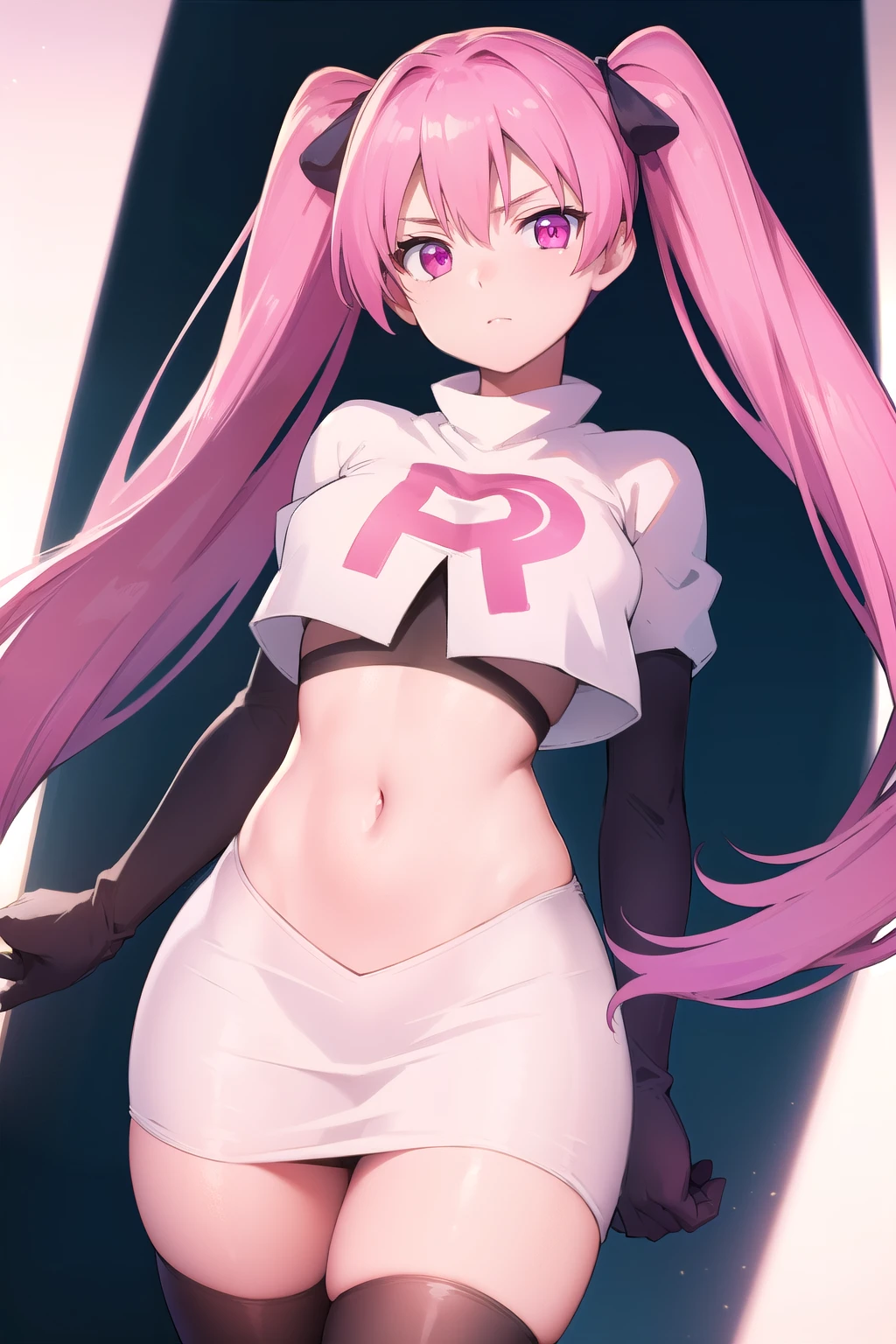 agkmine, mine, long hair, twintails, pink hair, (pink eyes:1.3),
BREAK team rocket,team rocket uniform,white skirt,red letter R,crop top,black thigh-highs,black elbow gloves,
BREAK looking at viewer, cowboy shot,
BREAK (masterpiece:1.2), best quality, high resolution, unity 8k wallpaper, (illustration:0.8), (beautiful detailed eyes:1.6), extremely detailed face, perfect lighting, extremely detailed CG, (perfect hands, perfect anatomy),