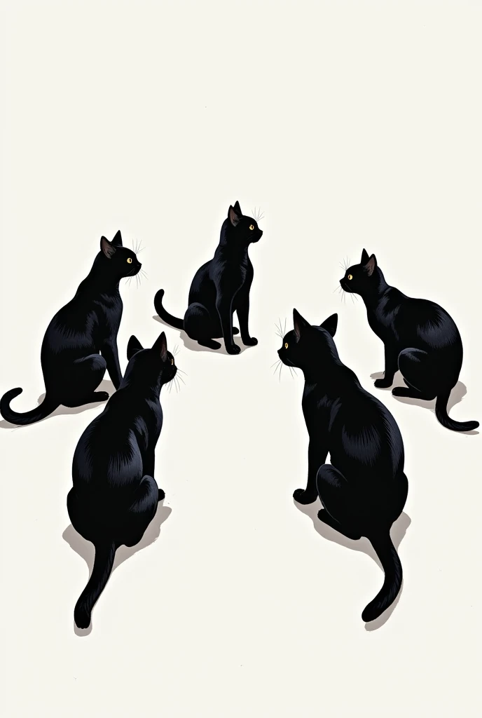 there are five Black Cat standing in a circle on a white surface,  by Lee In-moon ,  by Ivan Generalic , By Kim Myung-gok, ジョッセ・リーフェリンクス,  by Yuko Tatsushima , Cat Conference, Black Cat, Ryusuke Fukahori, Jongsuk Lee, Written by Lu Ji