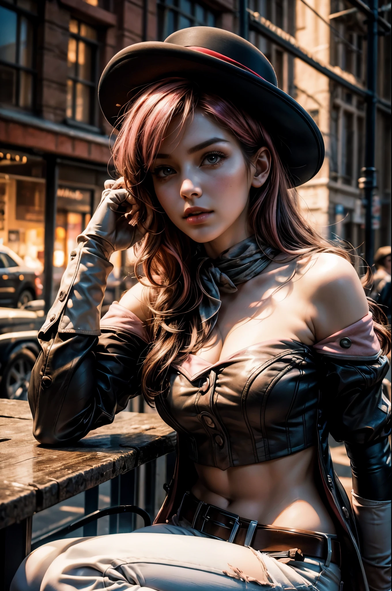 pink and brown hair, multicolored hair, neopolitanatlas, bowler hat, grey scarf, white gloves, white shirt, off-shoulder shirt, black sleeves, midriff, white belt, white pants, outdoors, post apocalyptic scene, future urban, cityscape, fountain in ruins, debris, bonfire, wrecked vehicle, sitting next to black haired military officer, crowd, night, stars, cowboy shot, masterpiece, heart shaped face, elegant face, beautiful face, highly detailed cafe, face, highly detailed skin, skin pores, subsurface scattering, realistic pupils, looking at viewer, full lips, detailed background, depth of field, atmospheric perspective, volumetric lighting, sharp focus, absurdres, realistic proportions, good anatomy, (realistic, hyperrealistic:1.4), 16k hdr,