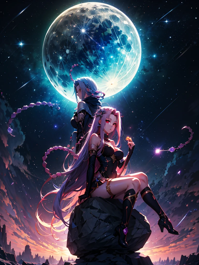  黒マントを着た裸の Medusa の少女が渦巻の中を飛んでいる,   anime fantasy artwork sitting on a rock with a full moon in the background。sitting on a rock、There is a full moon in the background。 Medusa , Hair is made of snakes、Mythical world、 Glaring works， Anime Fantasy Illustration  ,     Soft Vitality of an Anime Girl with Space Hair   , epic anime artwork,   Detailed Anime Art  work,   detailed digital anime art, Swirling Black Magic  , Dreamy psychedelic anime  ,   Art Nouveau Anime Space Display  ,   beautiful anime artwork ,  Anime Original Picture Details  ,  Delicate and Beautiful Anime CG Style ,   Detailed Anime Art  、Drops white liquid from her vagina