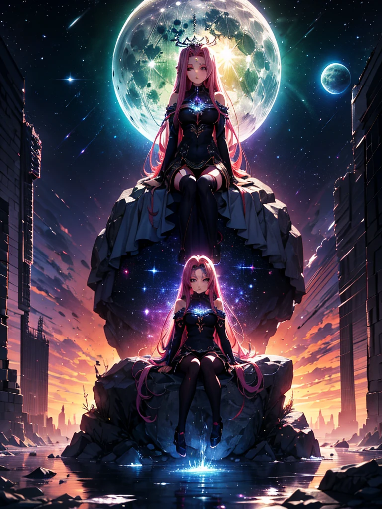  黒マントを着た裸の Medusa の少女が渦巻の中を飛んでいる,   anime fantasy artwork sitting on a rock with a full moon in the background。sitting on a rock、There is a full moon in the background。 Medusa , Hair is made of snakes、Mythical world、 Glaring works， Anime Fantasy Illustration  ,     Soft Vitality of an Anime Girl with Space Hair   , epic anime artwork,   Detailed Anime Art  work,   detailed digital anime art, Swirling Black Magic  , Dreamy psychedelic anime  ,   Art Nouveau Anime Space Display  ,   beautiful anime artwork ,  Anime Original Picture Details  ,  Delicate and Beautiful Anime CG Style ,   Detailed Anime Art  、Drops white liquid from her vagina