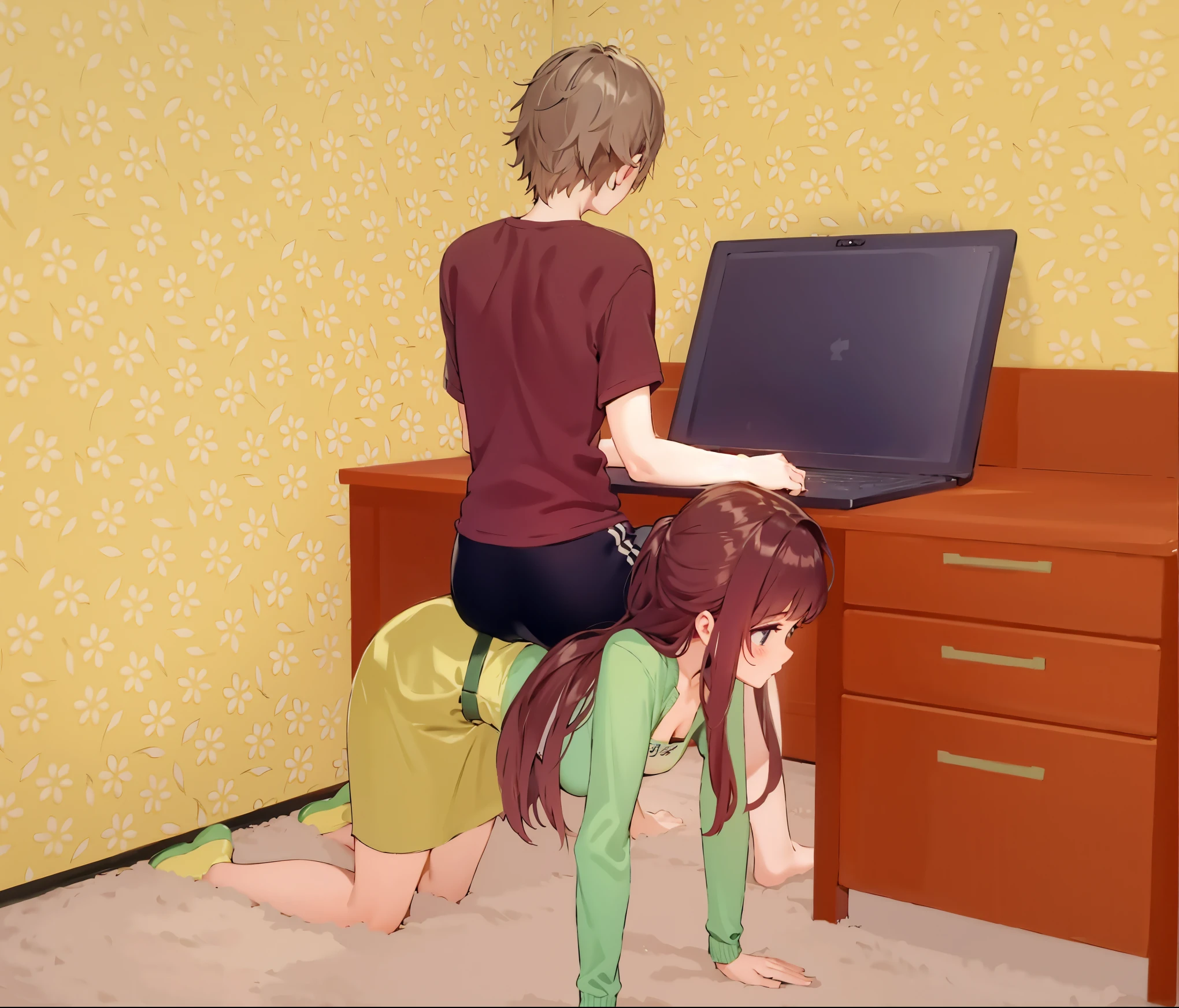 ponygirl, sitting on back, crawling, bedroom, indoors, notebook, domination, casual, 1boy, 1girl, carpet floor,