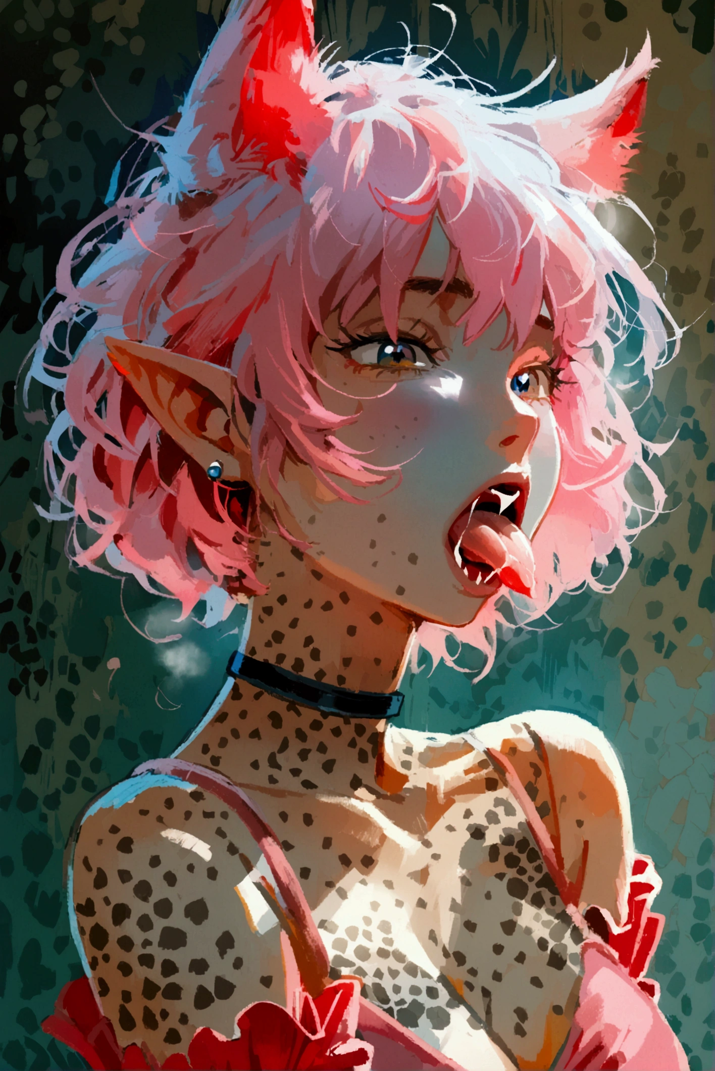 1 woman,  Anatómicamente correcto,  short hair,  Pink hair, Hair over eyes, messy hair,  pointy ears , fangs, heavy breath, arte digital, Color Ghibli, Open mouth,  Tongue out, weares a short , blouse