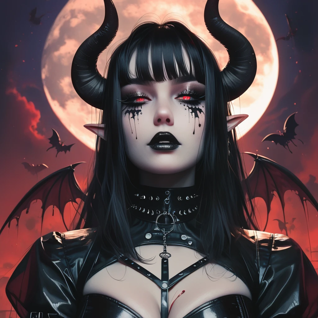 ((Masterpiece)) , ((highres)), ((full moon background)), a beautifully detailed female, ((long black hair)), demon horns, demon tail, defined lips, black lipstick, defined eyes, red iris, black pupil, long eyelashes, dark eyeshadow, defined nose, elf ears, large breast, hour glass figure, big butt, large breast, dominatrix style outfit, blood splatters on body, clear face, HD face, gothic, gothic style