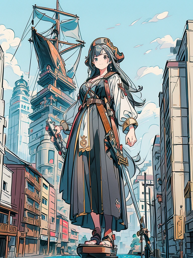 Giant girl Medieval European style (((sailing ship))) ((harbour)) ((horizon line))　Crowd ((((Giant pirate standing in a port city)))) Female pirate Black tights Garder belt Long skirt Black stockings

Three-cornered hat, (((((flintlock pistol)))), ((((sword)))), lighthouse (((sailing ship))) ((harbour)) ((horizon line)) wooden box luggage cannon
Crowd Big Breasts Black Hair Smile Blue Sky Cumulonimbus Cloud Female Huge Huge Girl Full Body Crowd Unreal Engine, Cleavage, A Picture, Earrings, Long Hair, 1980s (Style) Cute Picture Beauty Analog Style Full Body 
Masterpiece Unreal Engine Anime style Delicate drawing 4K 90's,GTS, Giantess Female Giant, huge girl in the valley between buildings, skyscraper area, big city, 