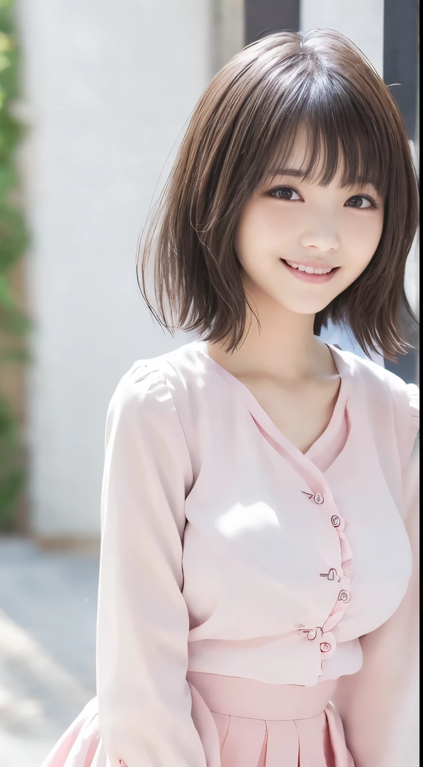 .................,, In front of school、 skirt 、Pearl pink long sleeve shirt with ruffles on the chest、格子柄 skirt、On, , sakimichan,, So cute and cute , nice smile, sakimichan hdri、Lori、 boobs、Beautiful breasts 、,(Big Breasts:1.20),(:1)、 brown hair、 brown hairの髪、、 short bob、Cute pose、 closes her mouth