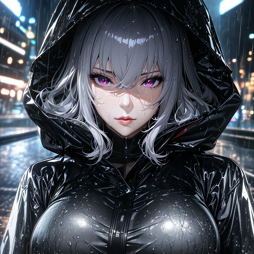 A woman wearing a raincoat with a white leather hood, black pants, black shirt, silver hair, burgundy eyes, serious face, large breasts, standing on a concrete sidewalk in a city, blurred background, raining, night location, varied background lights, backlight effect, wet floor, perfect face, perfect lips, (Azur_lane, KMS_Graf_zeppelin.)UHD , prime work , accurate , anatomically correct , textured skin , super details , high quality , best quality, 8k, high resolution, bokeh effect. (woman alone),
