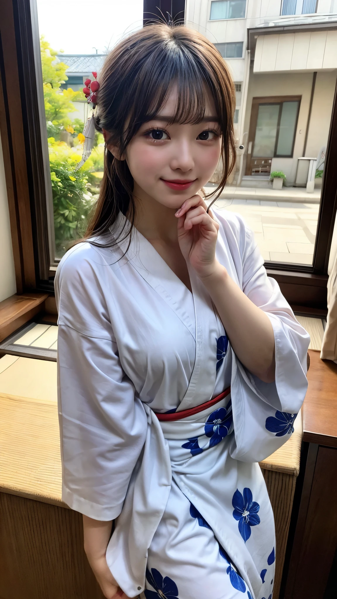 ((Highest quality)), ((masterpiece)), (detailed), One girl, Traditional bathing Japanese kimono、White、glamorous、Black Hair、Red gorgeous obi