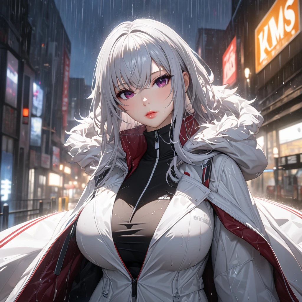 A woman wearing a raincoat with a white leather hood, black pants, black shirt, silver hair, burgundy eyes, serious face, large breasts, standing on a concrete sidewalk in a city, blurred background, raining, night location, varied background lights, backlight effect, wet floor, perfect face, perfect lips, (Azur_lane, KMS_Graf_zeppelin.)UHD , prime work , accurate , anatomically correct , textured skin , super details , high quality , best quality, 8k, high resolution, bokeh effect. (woman alone),
