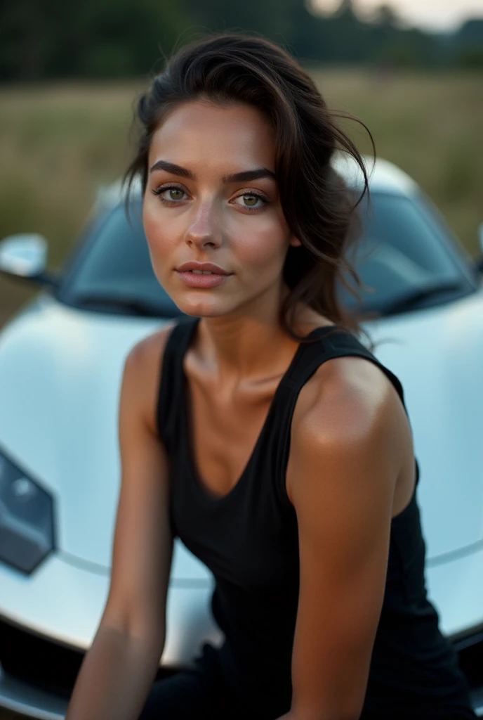 a young woman sitting on the hood of a silver colered sports car, full body portrait, detailed realistic face, beautiful eyes, long eyelashes, glowing skin, elegant hairstyle, breathtaking expression, sports car in stunning silver color, highly detailed, photorealistic, 8k, hyperrealistic, cinematic lighting, dramatic angle, moody atmosphere, dramatic colors, vibrant and vivid, masterpiece, award-winning photograph