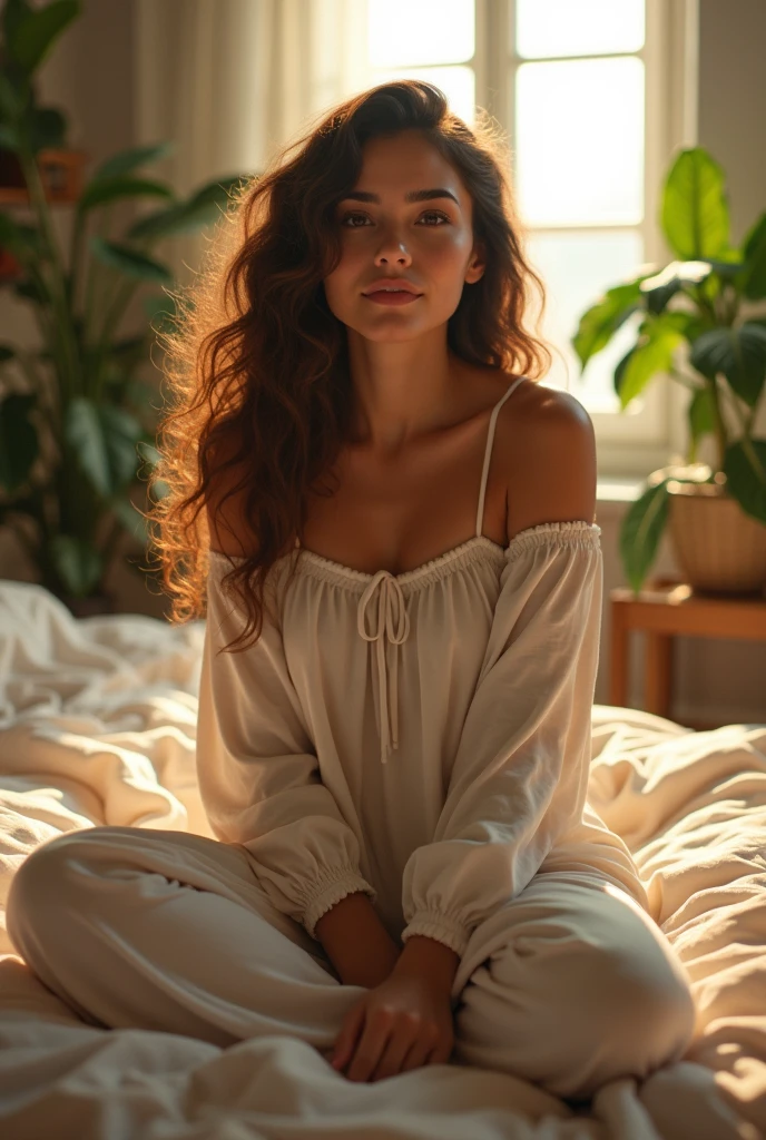 (photorealism:1.2), beautiful woman, sitting on bed, wearing loose off-shoulder top, pajama pants, long curly hair, indoors, soft lighting, plants in background, window with sunlight, cozy room, relaxed pose, realistic, intricate details, warm colors, by Greg Rutkowski, by Alphonse Mucha