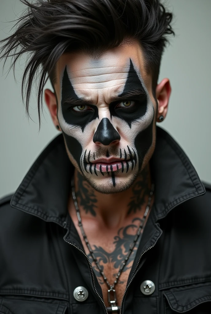 Tattooed white man with tattoo on his arms and chest, muscular straight black hair in a military social cut blue eyes, wearing a black skull mask. He is wearing jeans with a bare chest