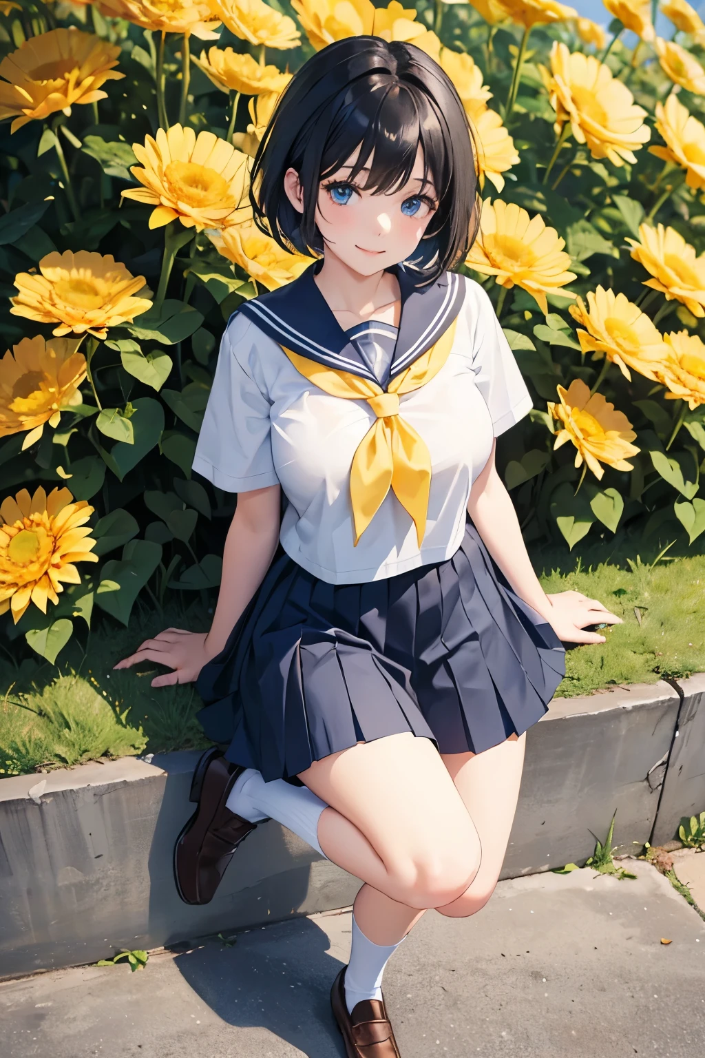 1girl, solo, looking at viewer, full body shot, full body focus, blush, smile, short hair, blue eyes, black hair, short sleeves, hair between eyes, closed mouth, school uniform, white shirt, pleated skirt, shoes, sailor dress, blue skirt, brown footwear, black socks, standing on one leg, white sailor collar, loafers, , yellow flower, , blue neckerchief, black neckerchief, big breasts, NSFW