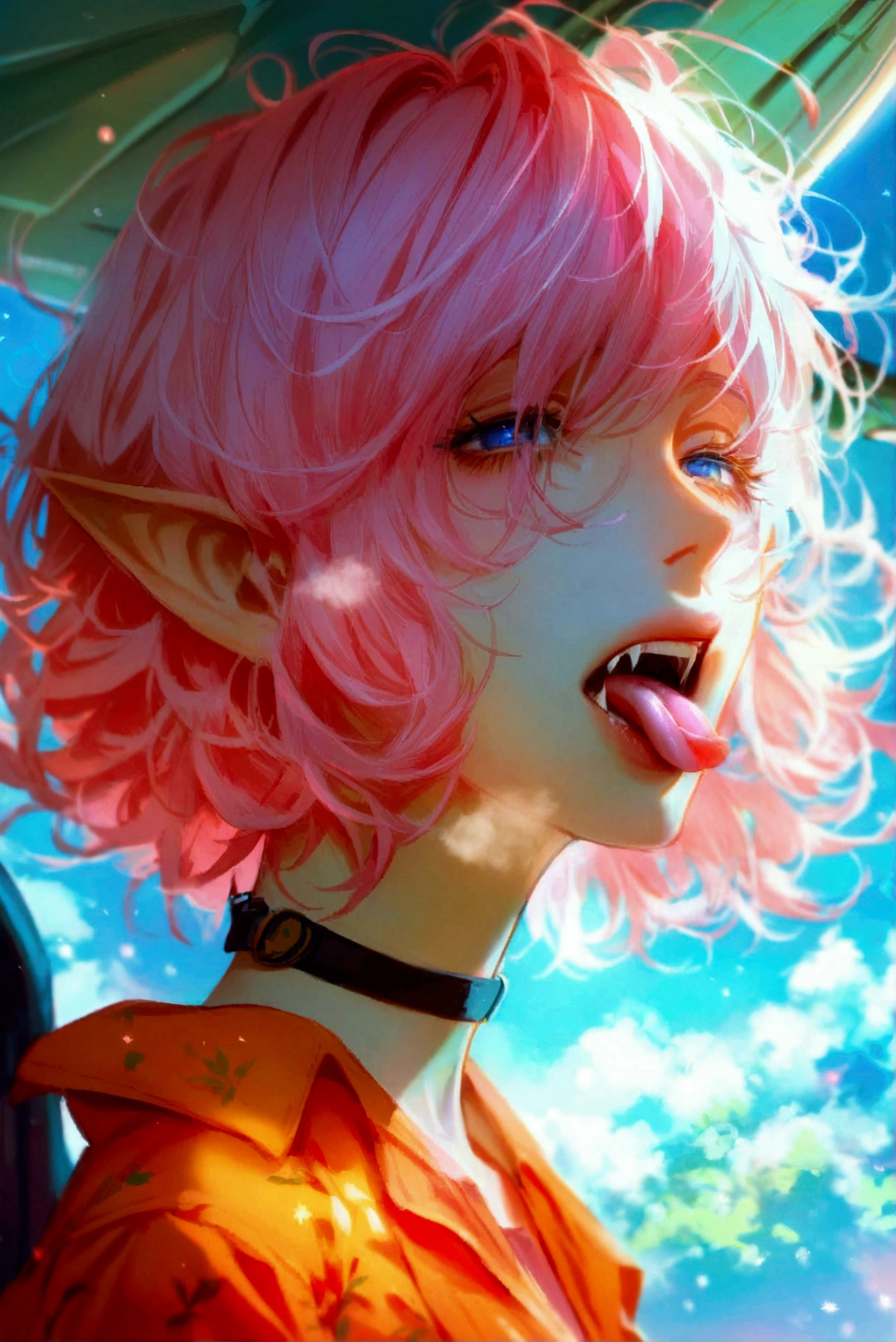 1 woman,  Anatómicamente correcto,  short hair,  Pink hair, Hair over eyes, messy hair,  pointy ears , fangs, heavy breath, Open mouth,  Tongue out, black short, orange blouse,  American plane, 