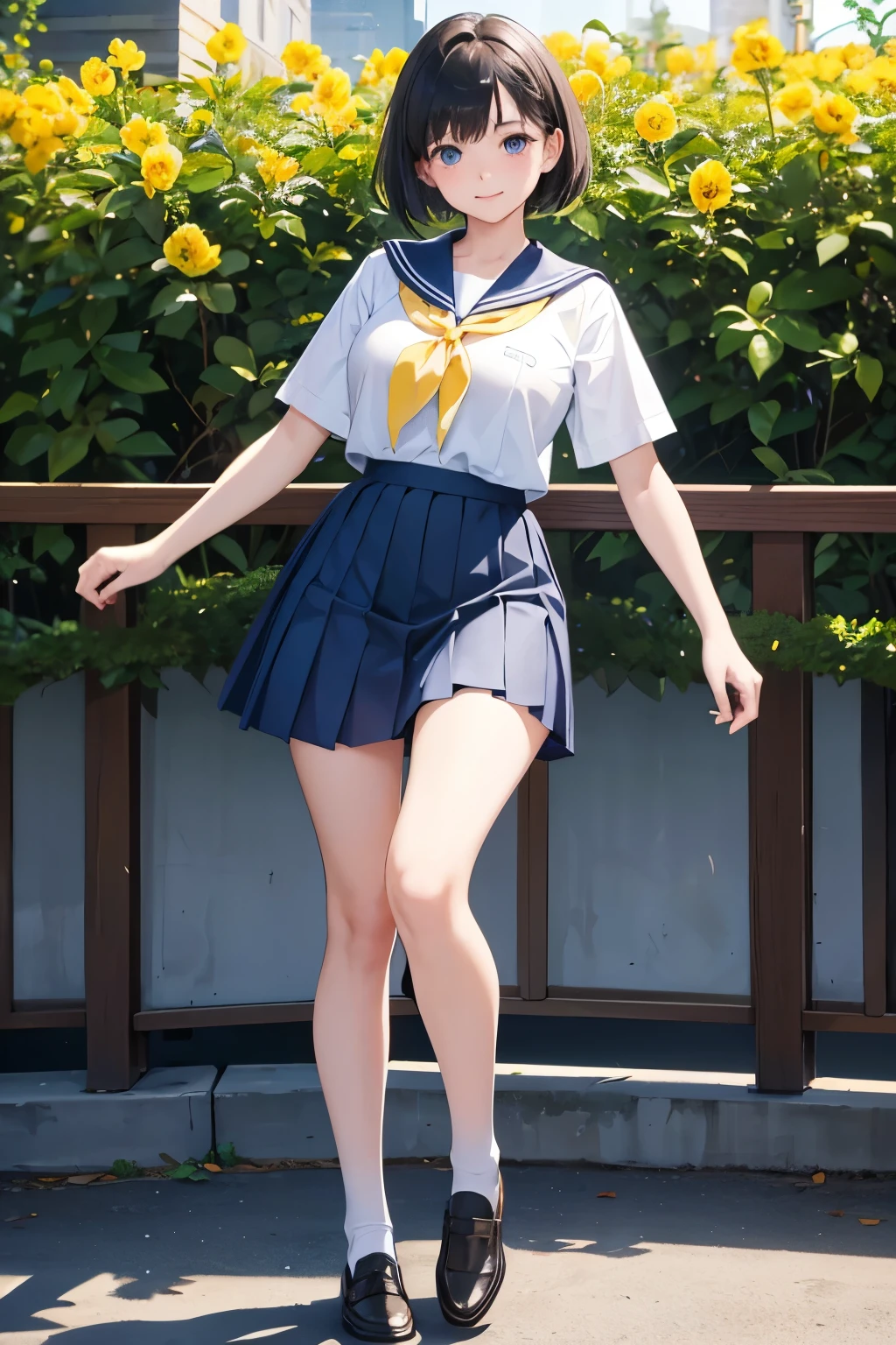 1girl, solo, looking at viewer, full body shot, full body focus, blush, smile, short hair, blue eyes, black hair, short sleeves, hair between eyes, closed mouth, school uniform, white shirt, pleated skirt, shoes, sailor dress, blue skirt, brown footwear, black socks, standing on one leg, white sailor collar, loafers, , yellow flower, , blue neckerchief, black neckerchief, big breasts, NSFW