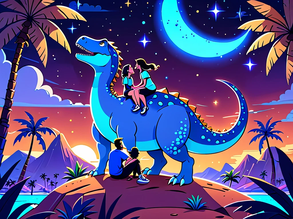 cartoon picture of a couple sitting on a dinosaur's back、Palm Tree、A blue glowing crescent moon at night 、 shooting stars 、 A very coherent stylized artwork、2d game fanart、Drawn as game concept art、 Background Art 、