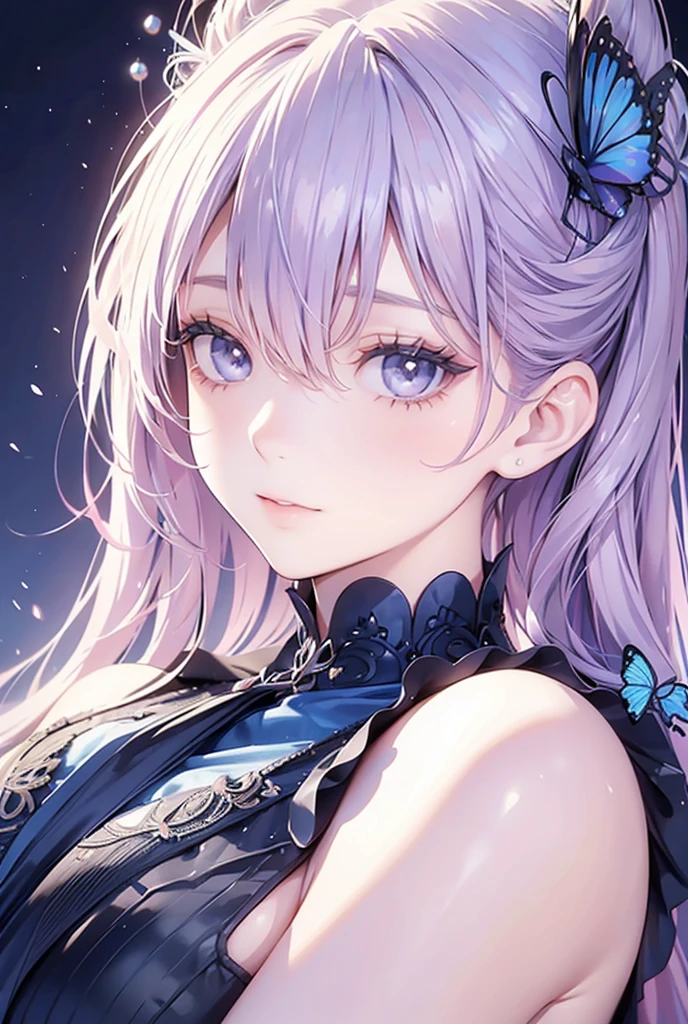 Absurdity, High Resolution, (Close-up:1.4), Side View,Upper Body,1 Girl,Glowing Hair, Glowing Purple Eyes,Fractal Art, White Background, (Fancy Background:1.3), Fancy Effect, (Alstroemeria Flower Effect:1.2), DNA Effect, White Effect, (Bright Color Scheme:1.2) Broken pink inner color with shiny brown hair, side cut bob, shiny skin, Beautiful underwear with white base detailed lilac embroidery, cleavage